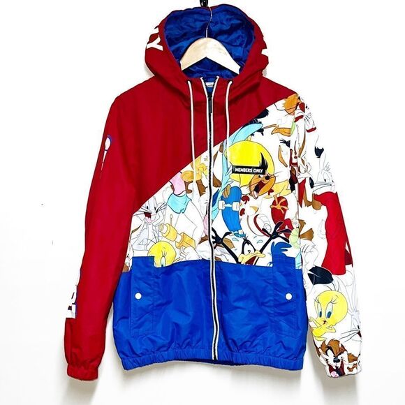 New COLOURBLOCK LOONEY TUNES JACKET IN RED BLUE Men’s M Womens L - Picture 1 of 8